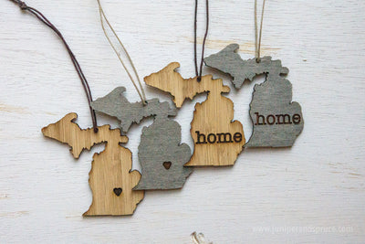 Michigan Outline Ornament | Rustic Wood | Heart Home | Michigan Love | Etched | Laser Cut