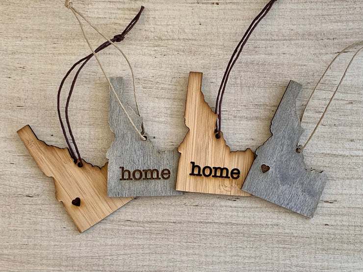 Idaho Outline Ornament | Rustic Wood | Heart Home | Etched | Laser Cut