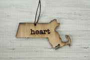 Massachusetts Outline Ornament | Rustic Wood | Heart Home | Massachusetts Love | Etched | Laser Cut