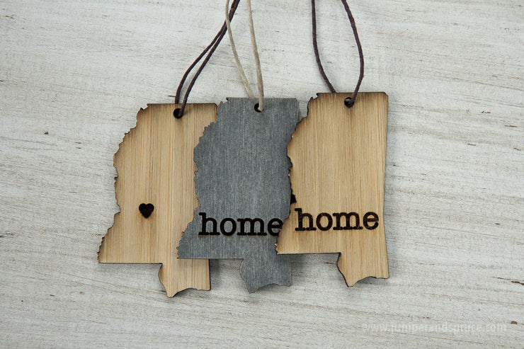 Mississippi Outline Ornament | Rustic Wood | Heart Home | Mississippi Love | Etched | Laser Cut