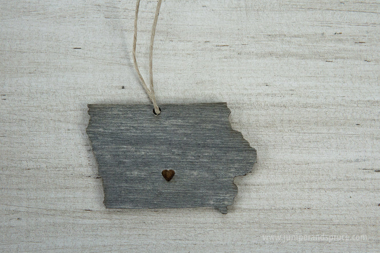 Iowa Outline Ornament | Rustic Wood | Heart Home | Iowa Love | Etched | Laser Cut