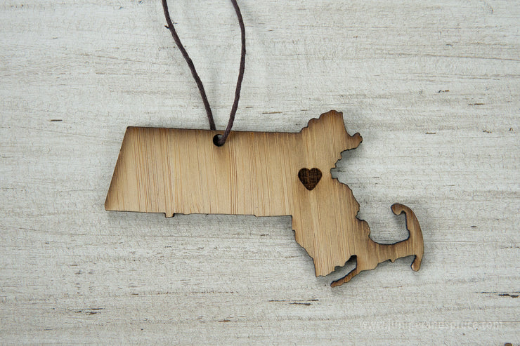 Massachusetts Outline Ornament | Rustic Wood | Heart Home | Massachusetts Love | Etched | Laser Cut