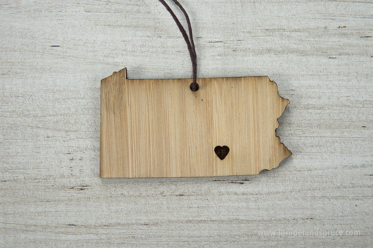 Pennsylvania Outline Ornament | Rustic Wood | Heart Home | Pennsylvania Love | Etched | Laser Cut