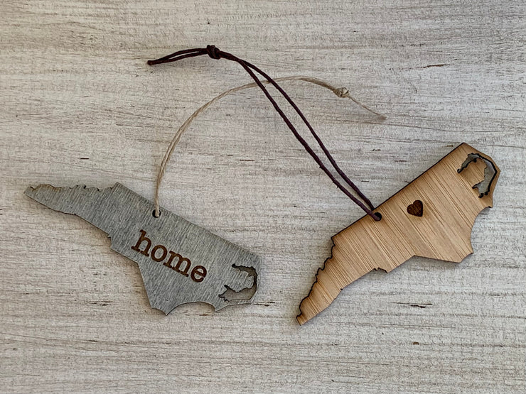North Carolina Outline Ornament | Rustic Wood | Heart Home | Etched | Laser Cut