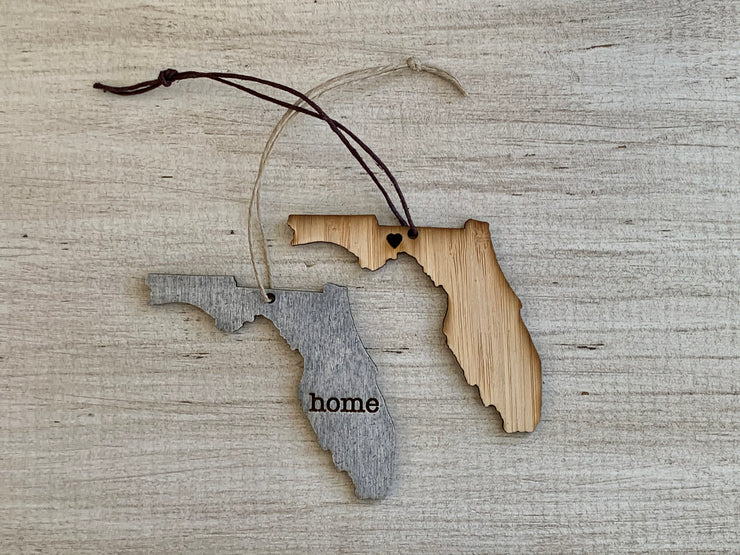 Florida Outline Ornament | Rustic Wood | Heart Home | Etched | Laser Cut
