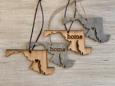 Maryland Outline Ornament | Rustic Wood | Heart Home | Etched | Laser Cut