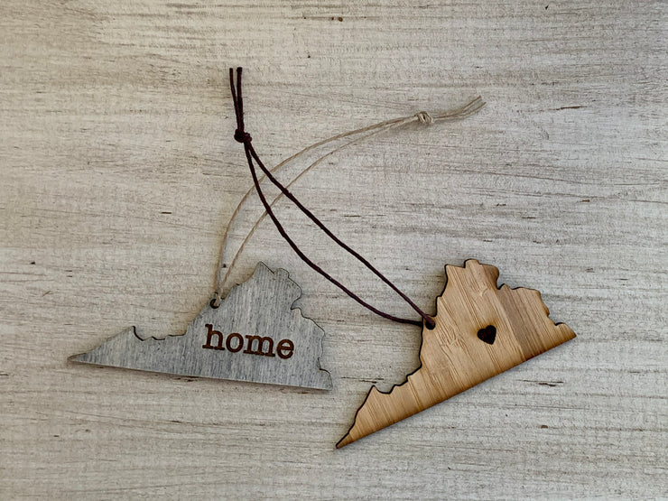 Virginia Outline Ornament | Rustic Wood | Heart Home | Etched | Laser Cut