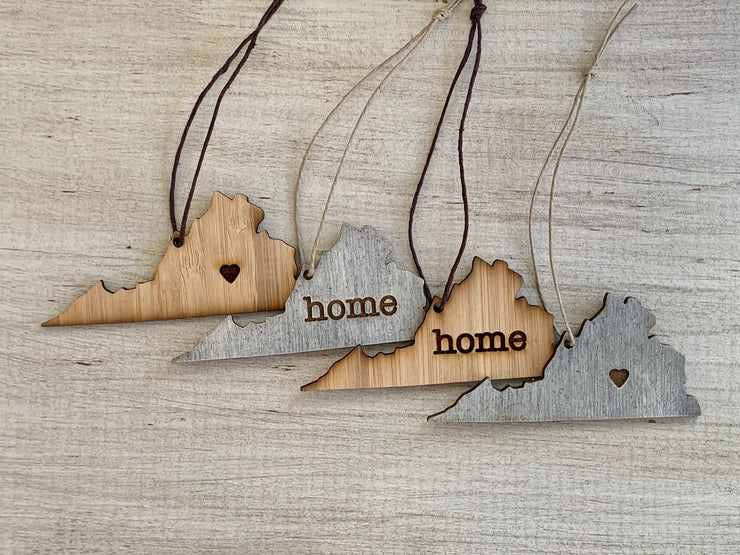 Virginia Outline Ornament | Rustic Wood | Heart Home | Etched | Laser Cut